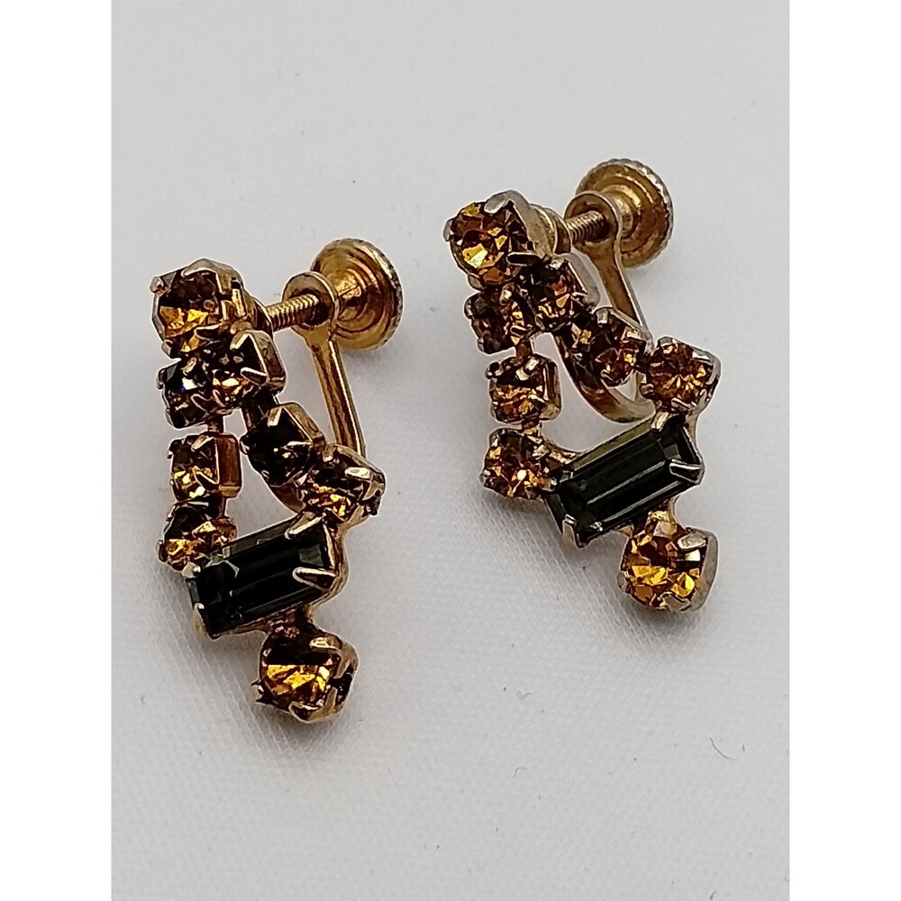 Gorgeous VTG Amber and Green Baguette Cut Rhinestone Dangle Screw Back Earrings